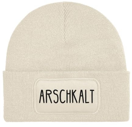 Beanie - Wollmütze mit Spruch: Arschkalt - Strickmütze lustig als Geschenk für Freund, Mann und Männer oder Freundin, Frau - Kappe, Mütze (DE/NL/SE/PL, Alphanumerisch, Einheitsgröße, Beige)