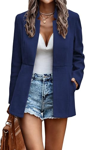 Jhsnjnr Womens Office Open Front Blazer Long Sleeve Autumn Casual Jacket Stand Collar Mid-Long Wool Blend Coats Navy Blue