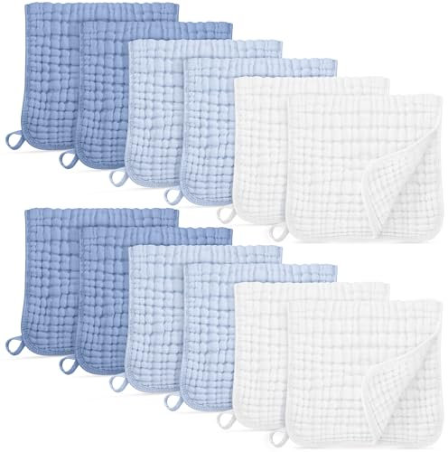 Unnivoll Spucktücher Baby Mulltücher 12er Musselintücher 50x27cm 100% Baumwolle mullwindeln, 6 Lagig Saugstark Stoffwindeln, für Jungen und Mädchen Weich Atmungsaktiv Blau & Weiß