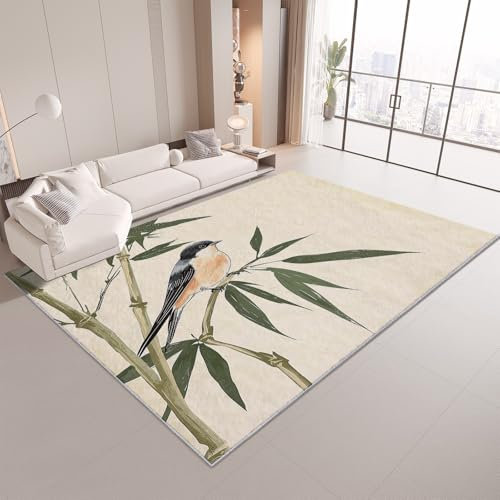 Generisch Wohnzimmer Teppich Beiger Bambus Vogel 140x200 cm Teppich Schlafzimmer Flauschig Waschbarer Kurzflor Teppiche rutschfest Teppich, für Esszimmer Büro Flur und Küche