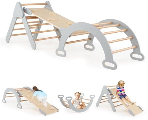 HOMASIS 3 in 1 Kletterdreieck mit Rutsche & Leiter & Kletterbogen, Klettergerüst mit Rampe, Sprossendreieck Kletterspiel Spielplatz aus Holz Indoor, Kletterspielzeug für Kinder ab 1 Jahr (Grau)
