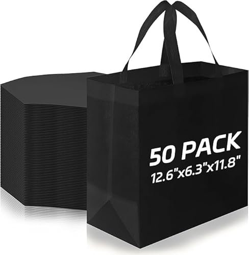 50 PCS Reusable Tote Bags Bulk, Non Woven Grocery Bags with Handle Large Foldable Fabric Shopping Tote Bags for Boutiques Retail Parties Gifts, Black (32 x 16 x 30 cm)