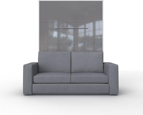 MAXIMAHOUSE Schrankbett vertikale mit Sofa, Invento LED 140V mit Lattenrost aus Holz, Wandklappbett 140x200 Erwachsene, modern Concept und Design, stabil,praktisch (Weiss/Grau Glanz + graues Sofa)