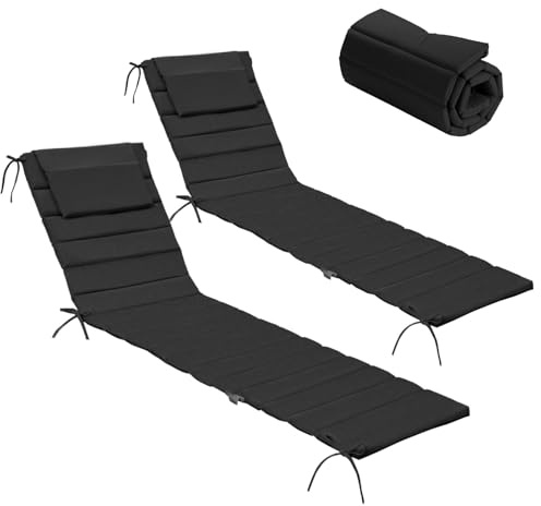 UFavo Home Chaise Lounge Cushions Outdoor Set of 2- Foldable Olefin Pool Lounge Chair Cushions with Ties,Headrest, 80x26 Inch, Waterproof Lounge Chair Pads Replacement for Lawn Garden, Charcoal Gray