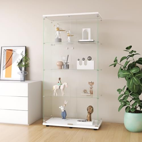 KEFSR Vitrine à 4 étages, en verre, avec doubles portes en acier, 164 x 80,5 x 36,5 cm, idéale comme vitrine de salon, vitrine moderne, blanche (blanc, 4 étages, 2 portes)
