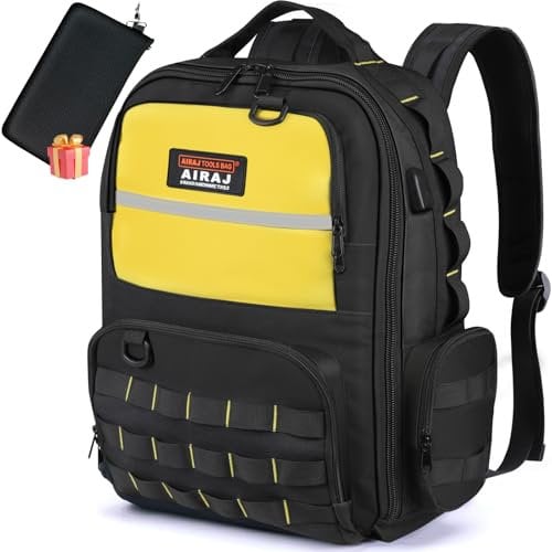 AIRAJ Zaino porta attrezzi 46x40x18 cm,Zaino porta utensili per con 23 Tasche, Apertura Completa per Elettricisti e Cantieri Edili (Incluso Portapezzi Doppio Strato)