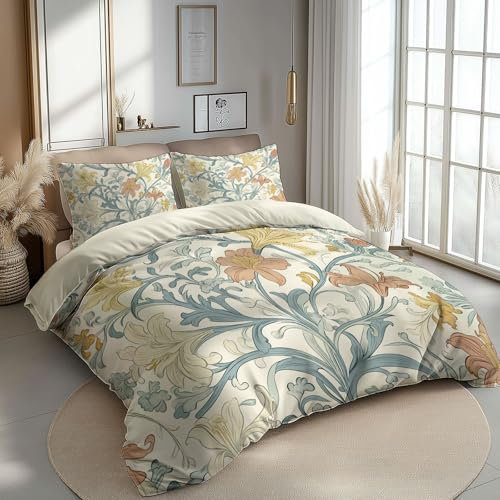 Housse de Couette 220 x 240 cm Fleurs rétro Lys Vigne - Parure de Lit Enfant Adulte 2 Personnes avec Fermeture Éclair Sets de Housse Couette en Polycoton avec 2 Taie d'oreiller 65x65 cm, Beige