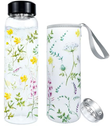 PAPU Borraccia Vetro 1 Litro con Apertura Bocca Larga 5,5 cm,Coperchio Protettivo Filtro Acciaio Inox,Senza Bpa,Tenuta Stagna,Adatta Sport L'Ufficio (Giallo-Verde)