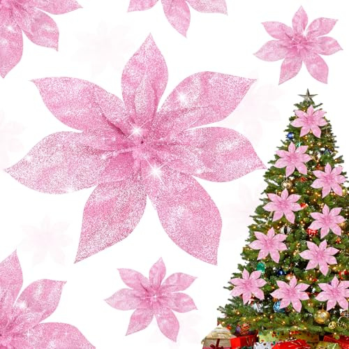 Shining She 10pcs 15CM/5.9inch Christmas Glitter Artificial Poinsettia Flowers, Large Artificial Christmas Flowers for Xmas Party Decoration, Xmas Tree Ornaments Decor, Pink