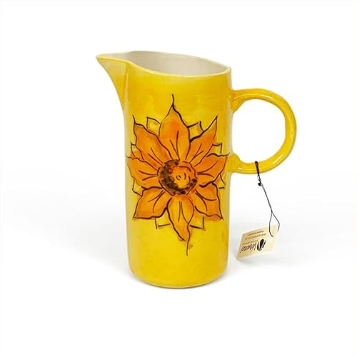 Verano Spanish Ceramics Sunflower Hand Painted Decorative Tall Jug - New Home Decor Kitchen Restaurant Cafe Counter Dining Table Floral Vase Serving Cream Milk Water Juice Pourer - 10cm x 23.5cm