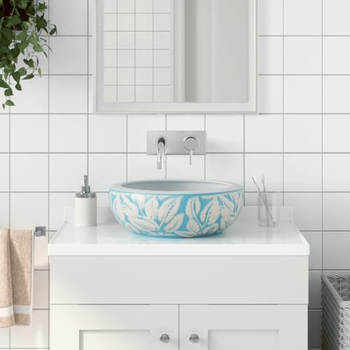 Qnhdfrt Lavabo da appoggio bianco e blu, rotondo, 41 x 14 cm, in ceramica, fatto a mano, con design vintage, superficie robusta, per bagno, ospiti, WC e stanza del trucco