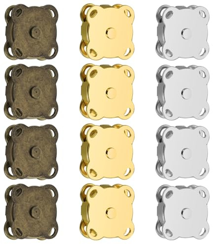12 Stück Magnetverschluss Tasche, 14 mm Magnetknöpfe zum Metall Magnet Druckknopf mit Nählöchern für Taschen Nähen Handwerk Kleidung, Annähen 3 Farbig, Gold Silber Bronze