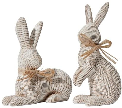 DN DECONATION Osterhasen-Figuren-Set aus Resin mit Rattan-Optik in Beige, stehend & liegend mit Schleife Frühlingshase für Ostertisch, Balkon und Garten, atmosphärische Wohnaccessoires im Beige-Finish