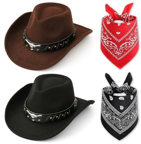FCXVXCL Cowboy Hat For Women & Men 4 Pcs Hats & Bandanas Cowboy Sun Hat Western Fancy Accessory Wide Brim Set For Cowgirl Theme Party Halloween Party Accessories One Size