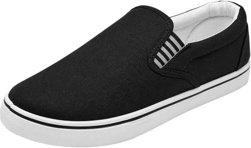 Men's Canvas Slip-On Trainers Classic Casual Deck Pumps Comfort Shoes Grey, Black, Navy (Black, UK Footwear Size System, Adult, Men, Numeric, Medium, 8)