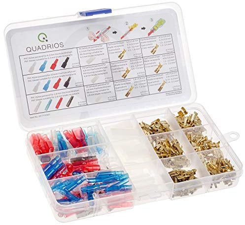 QUADRIOS GmbH Flachsteckhülsen Flachstecker Kabelschuhe Isolierhülsen Isoliertüllen Set Sortiment Box 260 Teile unisoliert, 0,14 mm² bis 2,5 mm² Sortimentskasten Industriequalität