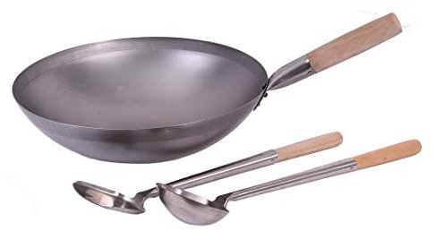 AAF Nommel ®, Wok Set, Pfanne 30 cm Ø runder Boden Carbon Stahl für Gasherd und Induktion Mulde + Wok Spahtel + Wok Kelle