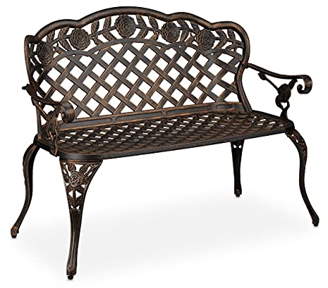 Relaxdays Gartenbank, 2 Sitzer, Rosen, Terrasse, Balkon, Aluminium Guss, antike Sitzbank, 84x111,5x56 cm, schwarz/bronze