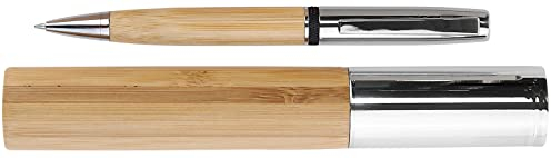MPM Quality Metallkugelschreiber aus Bambus glänzenden Chromteilen,Holz/MetallStift,Bambus-Box Chrom-Kappe,Helles Holz/Silber,Blaue Tinte,EKO Geschenk,Eco-Friendly, Box 25x165mm
