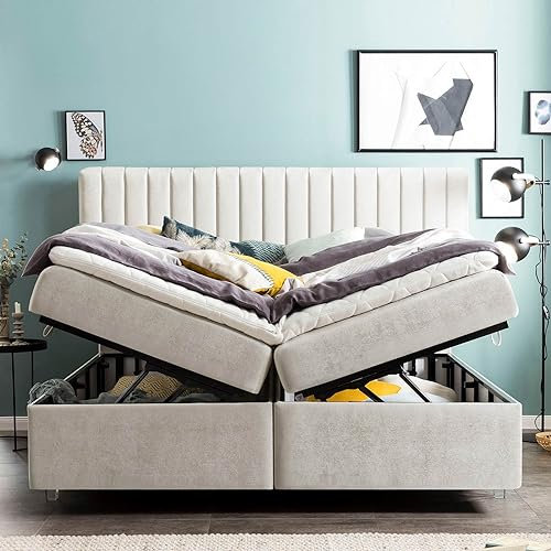 BettCo Boxspringbett mit XXL Stauraum Paris 180x200 Samt, ohne Topper, Hotelbett, 7 Zonen Taschenfederkern-Matratze, Aufbau KOSTENLOS (Creme, 180x200 cm ohne Topper)