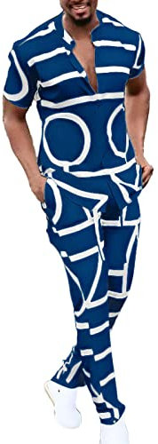 QWUVEDS Männer Casual Stehkragen Set Kurzarm Hawaii Print Mode Hemd Hosenanzug 2 Stück Outfits Umhängetasche Herren
