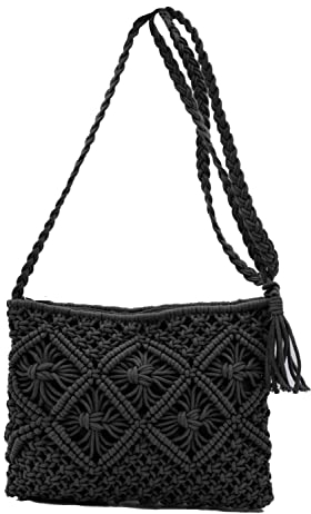 TeeYee Damen Exotisch Geflochtene Umhängetasche Strandtasche Retro Handtasche mit Quaste für Freizeit Urlaub schwarz