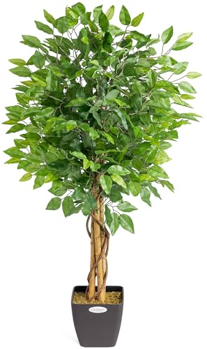 CHRISTOW Artificial Ficus Tree, Fake Weeping Fig House Plant for Home Decoration, Lifelike Green Leaves, Natural Wooden Trunk with Twists, Weighted Pot, Indoor Outdoor (120cm / 4ft)