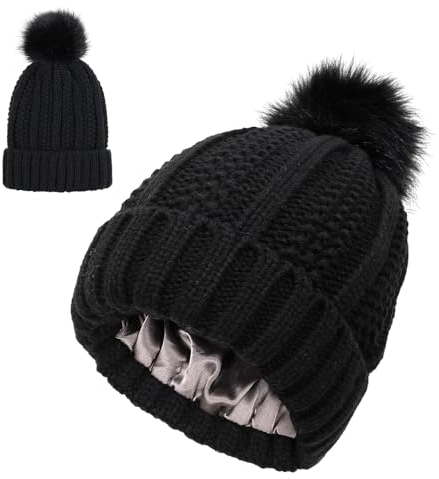 FUXNGZI Damen Winter Beanie Mütze Strickmütze mit Satin Gefüttert Thermo Wintermütze Lässig Mützen Cap (Schwarz)