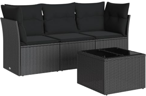 vidaXL Garten Sofa Garnitur 4-TLG., Gartenmöbel Set mit Kissen, Sitzgruppe für Garten Terrasse, Modular Gartensofa Lounge, Tisch mit Glasplatte, Schwarz Poly Rattan