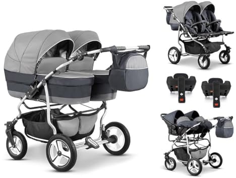 Elcar Zwillingskinderwagen 5 in 1 Twin Star inkl. Autositzen und Iso Bases - 14 Teile - in Grau-Dunkelgrau