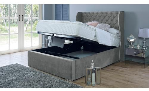 Furnishion King Size Bed Frame with Storage - Grey Velvet Ottoman Bed King Size - Wingback Storage Bed Mattress Not Included - 48inch High Headboard