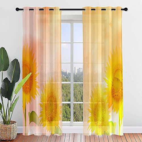 Surwin Stampa Girasole Tende per Interni a Vetro con Occhielli, 2 Pezzi Semi Trasparenti per Camera da Letto, Cucina, Soggiorno (80x115cm, Girasole 6)