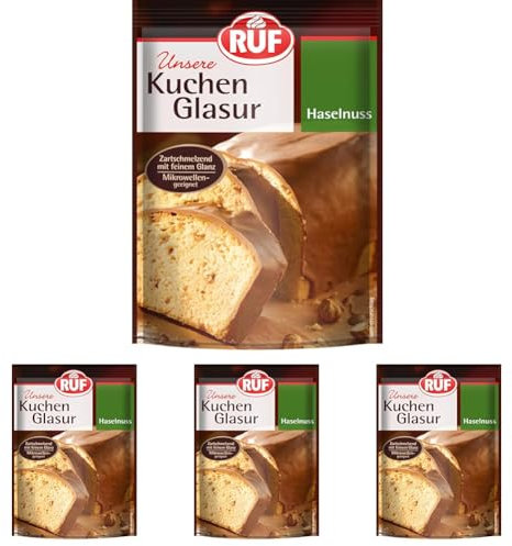 RUF Kuchen-Glasur Haselnuss, 100g im Beutel, mikrowellengeeignet, zum Glasieren von Nuss-Kuchen, Pralinen & Brownies, glutenfrei (Packung mit 4)