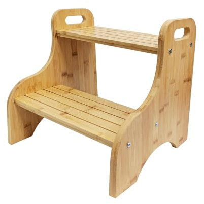 Taburete Infantil con 2 Peldaños, de Bambú, con Almohadillas Antideslizantes y Asas Portátiles, Capacidad 80 kg, para Baño, Cocina, Habitación de Niños y Bañera de Entrenamiento para Baño