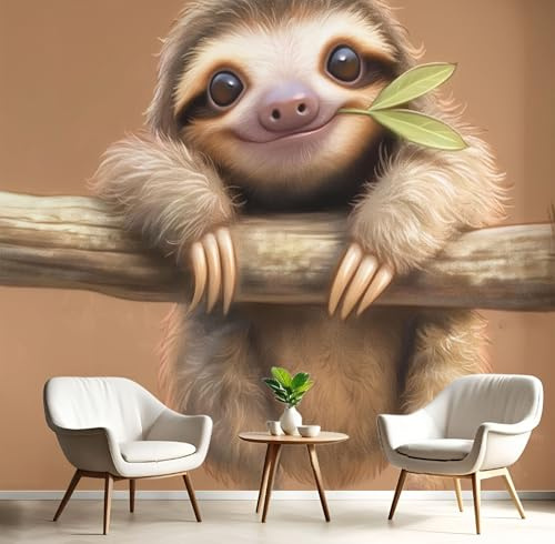 Fototapete 3D Effekt Tapete, SüßE Tiere Ast Faultier Tapeten Seidetapete Wandbilder, Schlafzimmer Wanddeko Wohnzimmer 250×175 CM (W×H) Tapete Wanddeko Wandbilder