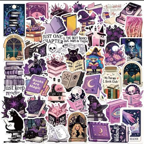 Purple Bookish Sticker Pack – 50pcs Vinyl Waterproof Aesthetic Decals for Notebooks, Luggage, Water Bottles, Laptops, Scrapbooking, Journals, and Gifts for Book Lovers & Book Girlies