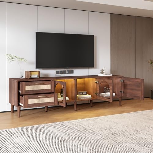 Refined 180 cm brauner TV-Schrank für 80-Zoll-Fernseher mit 2 Rattan-Schubladen 2 gewölbten Glastüren und 1 Rattan Tür bietet stilvolle Aufbewahrung Board