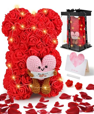 Rosen Bär, 25cm Rosen Teddybär mit Geschenkbox, Geburtstagsgeschenk für Frauen, Valentinstagsgeschenk, mit Grußkarte, Love-Knit Stofftier, Vollständig zusammengebaute