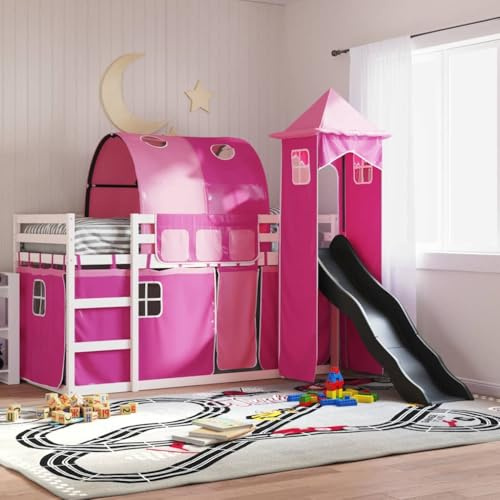 Holamys Etagenbett mit Rutsche, Massivholz Kiefer, Rosa Gardinen, 90x200 cm, Kinderzimmer Hochbett Spielbett mit Absturzsicherung, Weiß/Anthrazit