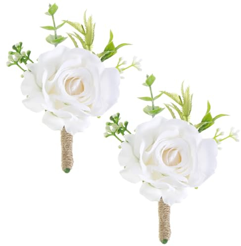 Quilax 2 Stück Hochzeit Boutonniere, Ansteckblume Weiße Rose, Boutonniere Anstecknadel, Künstliche Hochzeit Ansteckblume, Brautschmuck, für Abschlussball, Party