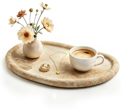 WORHE Natural Travertine Tray,Marble Ring Dish, 26 x18 x 1.5cm, Beige Large | Special-Shaped Jewelry Tray, for Bathroom Countertop,Dressing Table, Bedside Table,Home Decor, Natural travertine (UKN30)