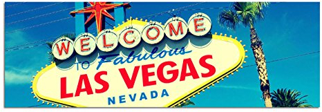 Panoramabild auf Leinwand und Keilrahmen 150x50cm Las Vegas Schild Reklame Himmel Palmen