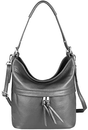 OBC Made in Italy Damen Echtleder Tasche Handtasche Cross Body Umhängetasche Ledertasche Schultertasche Beuteltasche Umhängetasche Cross-Over (Grau 30x27x14 cm)