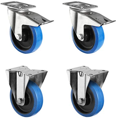 CASCOO SETTPFP200R4F1R0N Rollensatz 2 Lenkrollen mit Feststeller, 2 Bockrollen, Polyamid, Elastik blau, Gummi, Durchmesser 200 mm, Rollenlager, Transportrollen, Traglast 1050 kg (4-er Pack)
