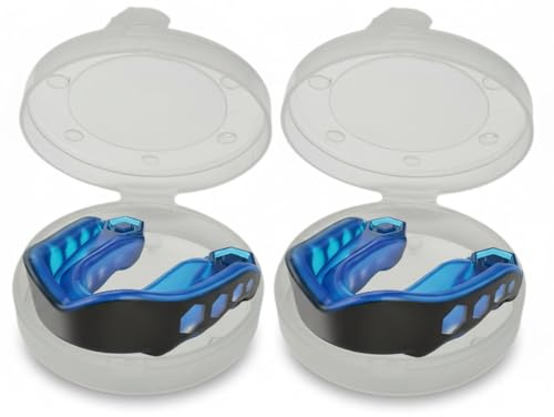 2 x Youth Junior Gum Shield Mouth Guard for Kids Dental Protection for Boxing MMA Martial Arts Hockey Rugby Karate Shock Absorbing Sports Mouthguard (Black - Transparent Blue, Youth (up to 15 Years))