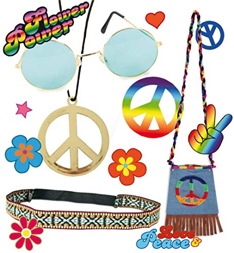 KarnevalsTeufel Zubehör-Set Hippie 5-teilig Stirnband, Brille, Tattoos, Kette und Tasche mit Peace-Zeichen Flowerpower Accessoires