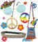 KarnevalsTeufel Zubehör-Set Hippie 5-teilig Stirnband, Brille, Tattoos, Kette und Tasche mit Peace-Zeichen Flowerpower Accessoires