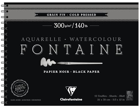 Clairefontaine - Ref 975311C - Fontaine Cold Pressed Black Watercolour Wirebound Pad (12 Sheets) - 24 x 30cm Size, 300gsm Paper - Suitable for Watercolour Artwork