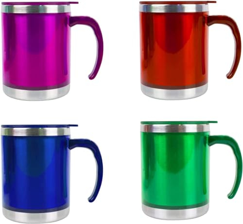 Invero Set of 4 Stainless-Steel Insulated (450ml 16oz) Colourful Travel Mug with Plastic Lid and Handle Ideal for Hot Drinks - Tea, Coffee, Hot Chocolate, Latte and More