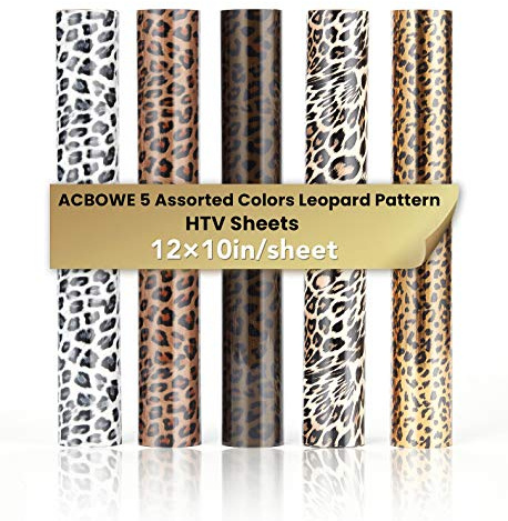 5pcs/Set Leopard Patterned Heat Transfer Vinyl, Stretchable 12 x 10 Cheetah Print HTV Vinyl Sheets for T-Shirt Decoration and DIY Craft Material